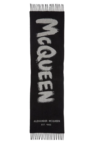 Shop Alexander Mcqueen Graffiti Logo Fringe Trim Wool Scarf In Black/ Ivory