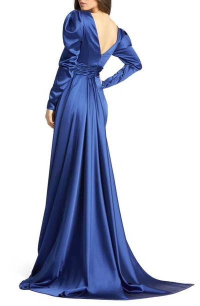 Shop Mac Duggal Puff Sleeve Satin Faux Wrap Gown In Sapphire