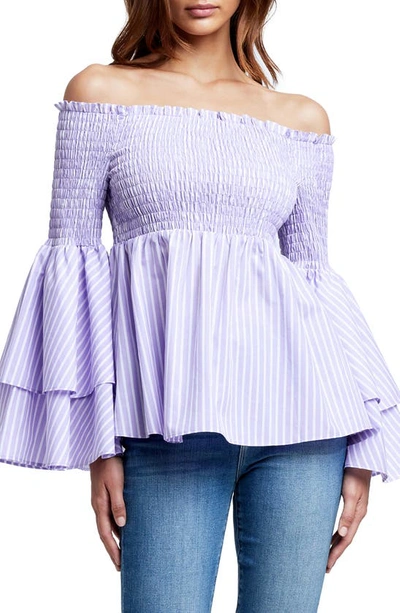 Shop L Agence Denver Off The Shoulder Smocked Ruffle Blouse In Lavender/ White Stripe