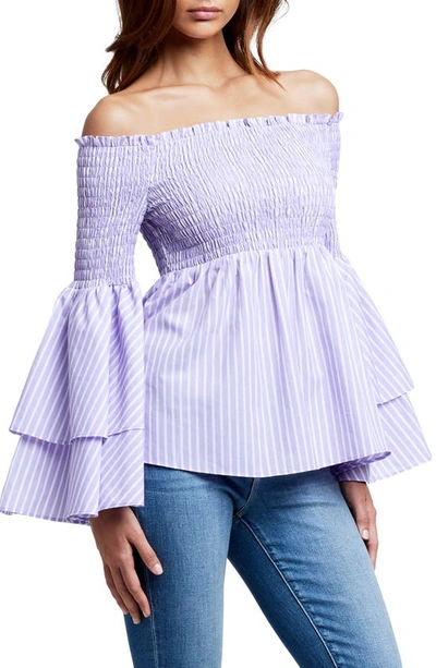 Shop L Agence Denver Off The Shoulder Smocked Ruffle Blouse In Lavender/ White Stripe