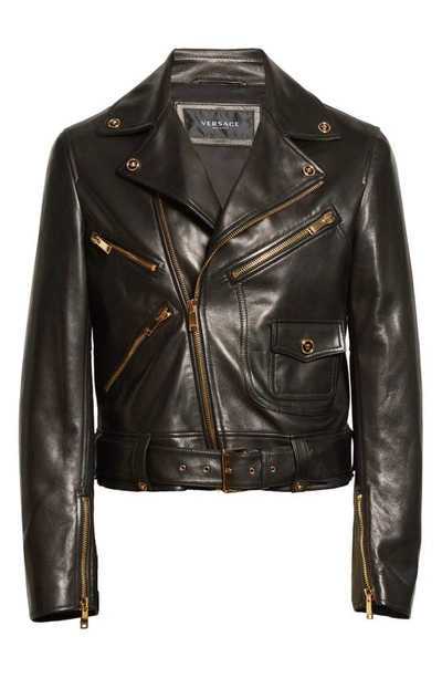Shop Versace Medusa Embellished Leather Biker Jacket In Black
