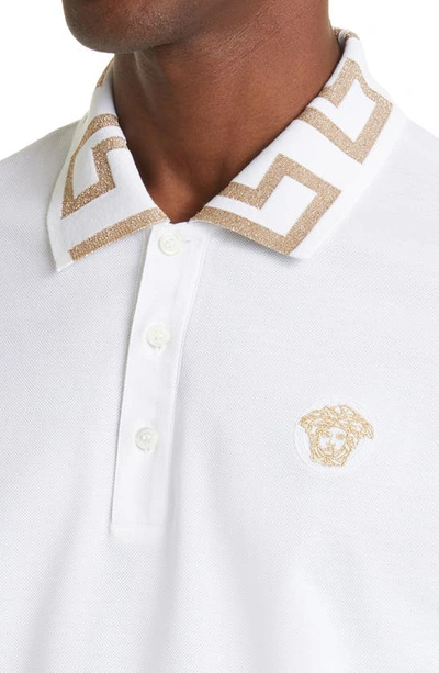 Shop Versace Greco Collar Cotton Piqué Polo In Optical White