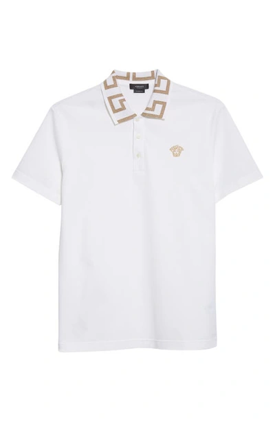 Shop Versace Greco Collar Cotton Piqué Polo In Optical White