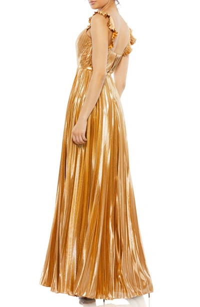 Shop Ieena For Mac Duggal Pleated Metallic Sleeveless Gown In Gold