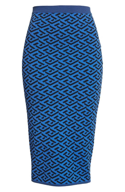 Shop Versace La Greca Jacquard Midi Skirt In Blue