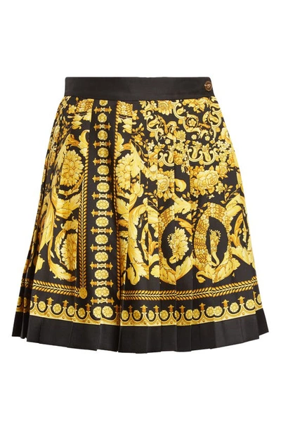 Shop Versace Barocco Print Pleated Silk Skirt In Black Gold