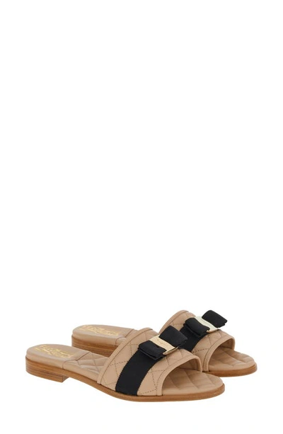 Shop Ferragamo Lovec Quilted Leather Bow Slide Sandal In New Bisque