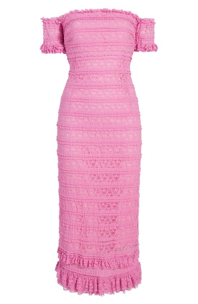 Shop Likely Milaro Off The Shoulder Lace Midi Dress In Pink Sugar
