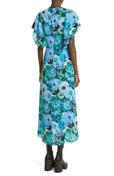 Shop Stella Mccartney Floral Print Flutter Sleeve Silk Midi Dress In 8525 Multicolor Blue