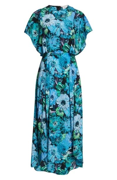 Shop Stella Mccartney Floral Print Flutter Sleeve Silk Midi Dress In 8525 Multicolor Blue