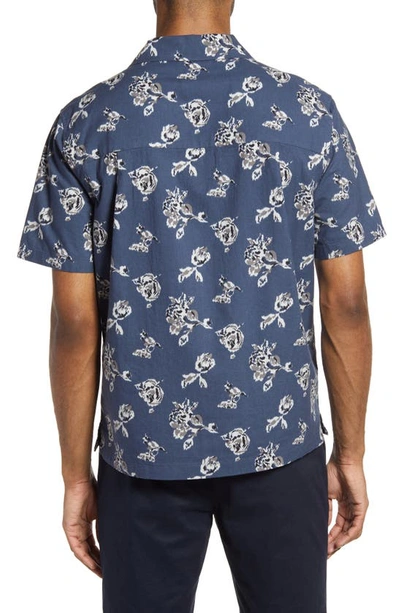 Shop Vince Ikat Floral Print Short Sleeve Cotton Button-up Shirt In Hematite