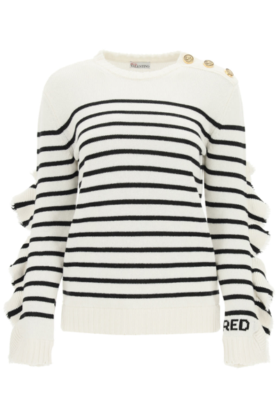 Shop Red Valentino Striped Sweater With Ruffles  In Avory