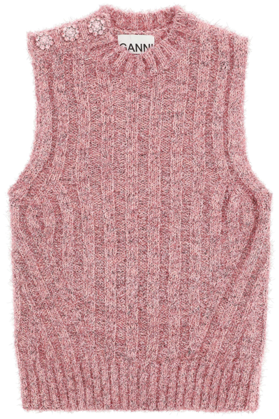 Shop Ganni Knit Vest With Lame In Rosa