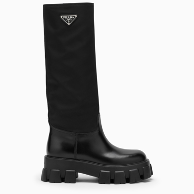 Shop Prada Black Leather And Re-nylon Monolith High Boots