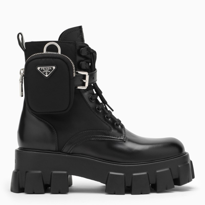 Shop Prada Black Brushed Leather And Nylon Monolith Boots