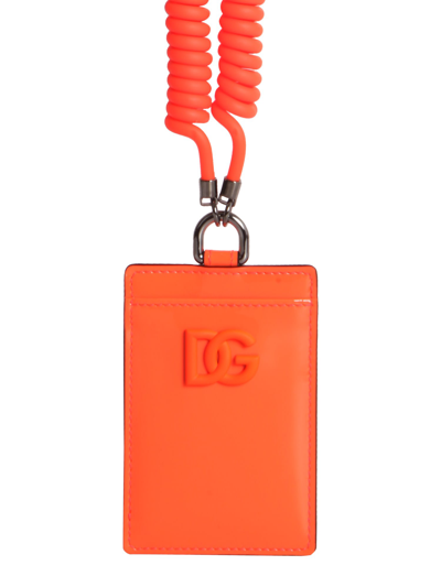 Shop Dolce & Gabbana Leather Card Holder With Shoulder Strap In Arancio Fluo