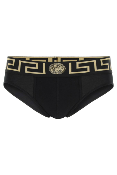 Shop Versace Greca Border Underwear Briefs In Nero E Oro