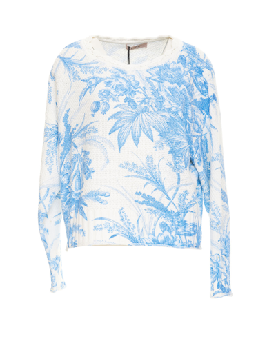 Shop Twinset Sweater With Toile De Jouy Floral Print In Bianco E Celeste