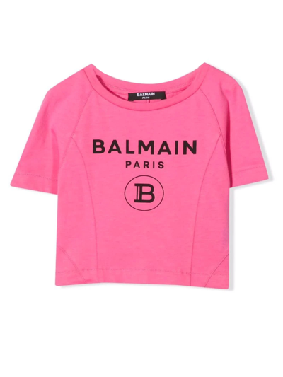 Shop Balmain Pink Cotton Cropped T-shirt In Rosa