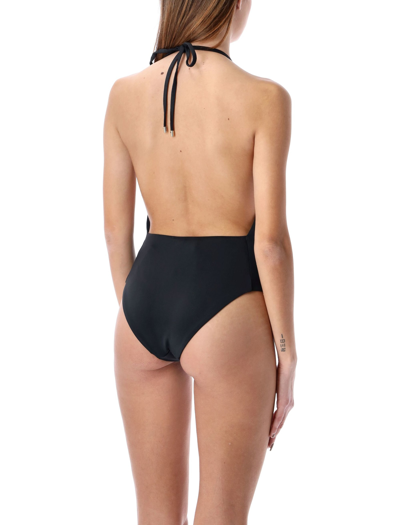 Shop Self-portrait Cut-out Halterneck Swimsuit In Black
