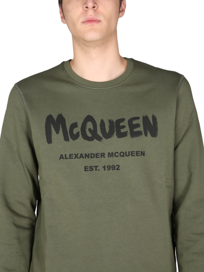 Shop Alexander Mcqueen Sweatshirt With Graffiti Logo Print In Kaki