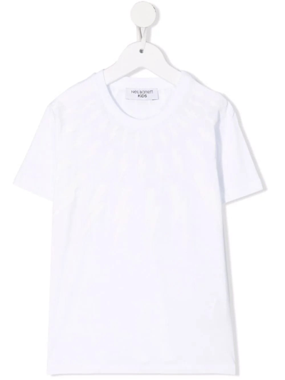 Shop Neil Barrett Kids White T-shirt With Fluorescent Fair-isle Thunderbolt Print In Bianco