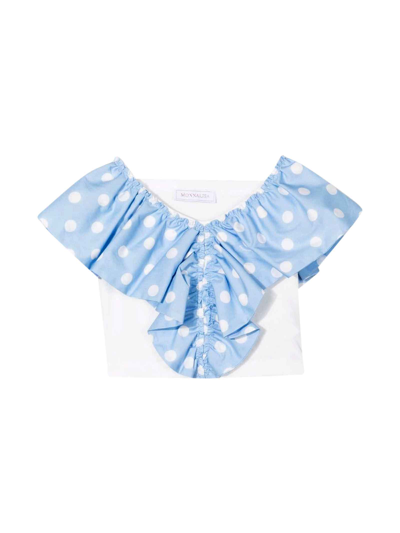 Shop Monnalisa White Top With Light Blue Rouches In C