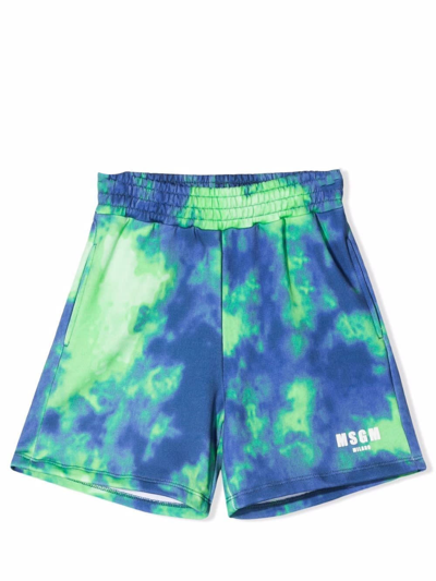 Shop Msgm Sports Shorts With Tie Dye Pattern In Blu-verde