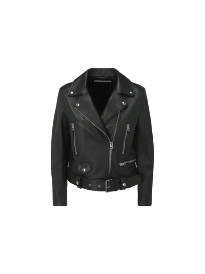 Shop Acne Studios Leather Biker Jacket In Military Green