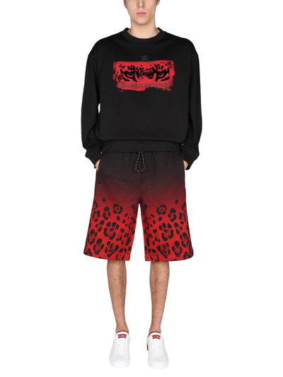 Shop Dolce & Gabbana Jogging Bermuda With Leopard Print In Nero