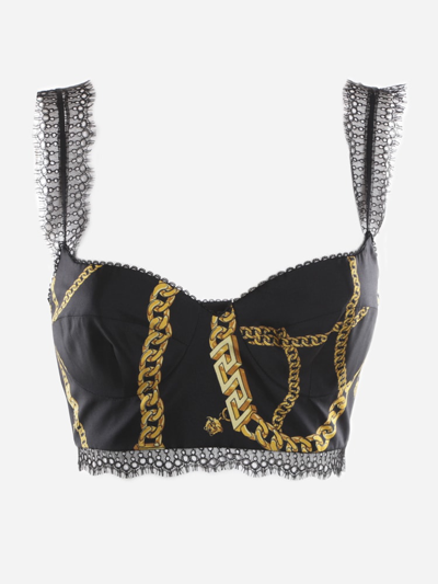 Shop Versace Chain Print Silk Bralette In Nero