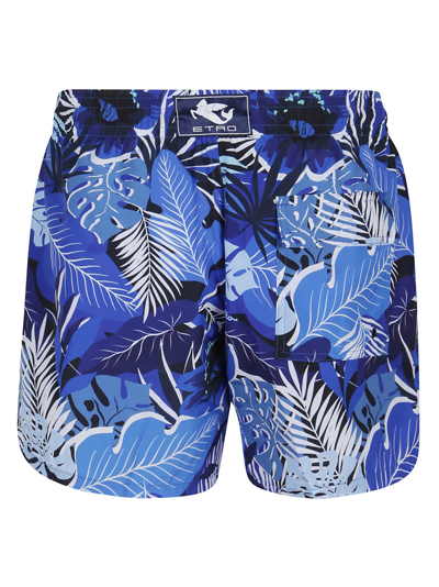 Shop Etro Drawstring Waist Leaf Printed Shorts In Celeste