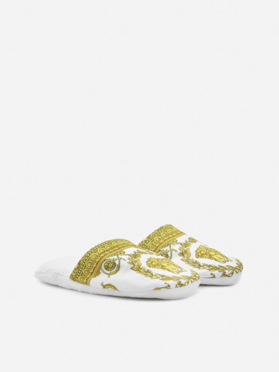 Shop Versace Cotton Slippers With Barocco Motif In Bianco