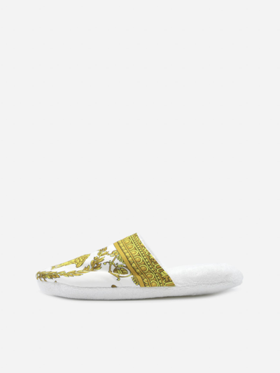 Shop Versace Cotton Slippers With Barocco Motif In Bianco