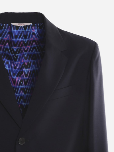 Shop Valentino Blazer In Wool And Mohair Blend With Optical V Print Detail In Blu