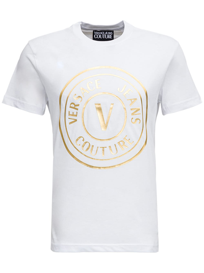 Shop Versace Jeans Couture White Cotton T-shirt With Logo Print In White + Gold