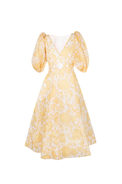 Shop Zimmermann Linen And Silk Dress In Yltnfl Yellow Tonal Floral
