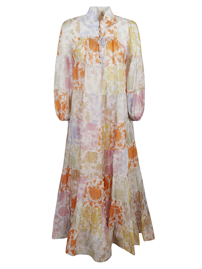 Shop Zimmermann Postcard Lantern Midi Dress In Patchwork Tonal Floral Dress