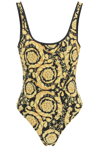 Shop Versace Barocco Print One Piece Swimsuit In Gold