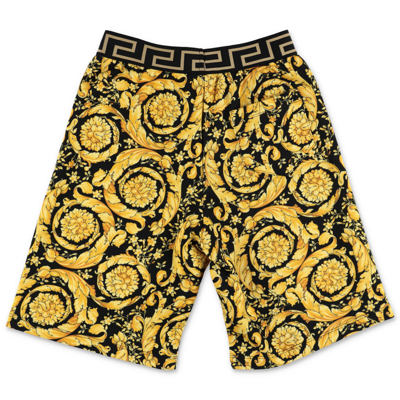 Shop Young Versace Shorts Stampa Barocca In Felpa Di Cotone In Nero/oro