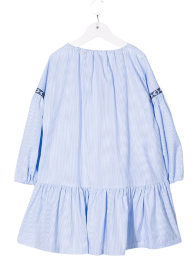 Shop Il Gufo Striped Blue Cotton Dress With Ikat Inserts In Azzurro