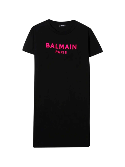 Shop Balmain T-shirt Dress With Print In Nero/fuxia