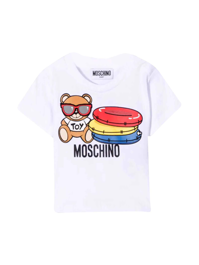 Shop Moschino White Newborn T-shirt With Teddy Bear Print On The Front, Crew Neck, Short Sleeves And Straight Hem  In Bianco