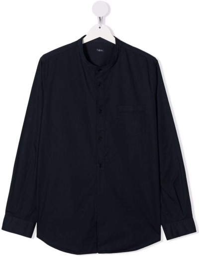 Shop Il Gufo Blue Cotton Shirt With Mandarin Collar