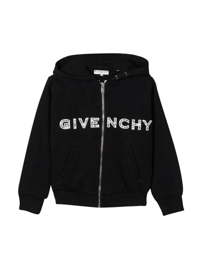 Shop Givenchy Black Sweatshirt With Print , Zip And Hood In Nero