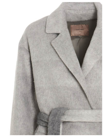 Shop Twinset Belted Coat In Gray