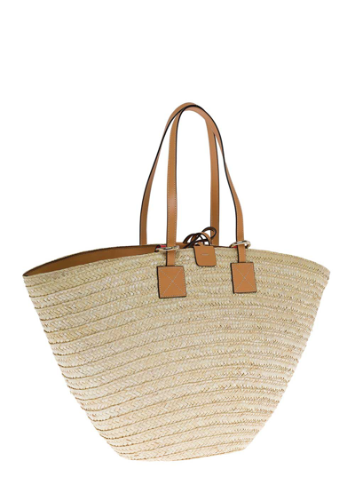 Shop Etro Beige Straw And Leather Shopper Bag With Logo In Brown