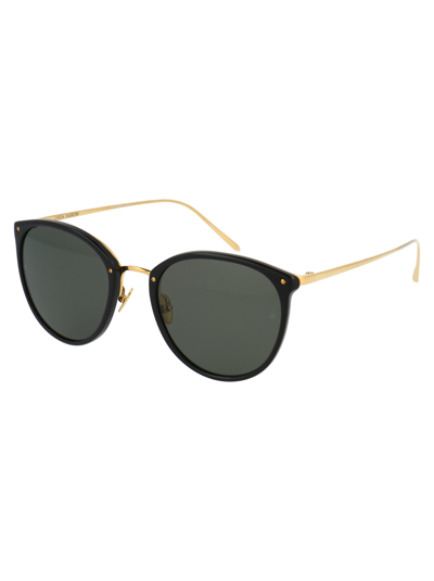 Shop Linda Farrow Calthorpe Sunglasses In Black/ Yellow Gold/ Grey