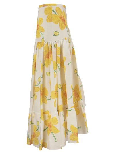 Shop Marni Ramie Skirt With Orchid Print In Maize