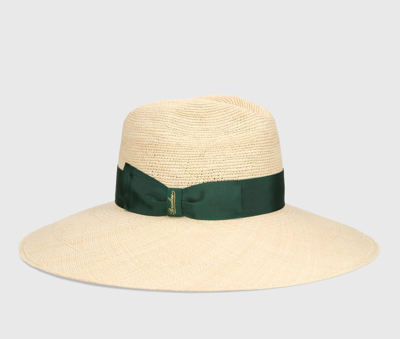 Shop Borsalino Sophie Panama Semicrochet In Natural, Malachite Green Hatband